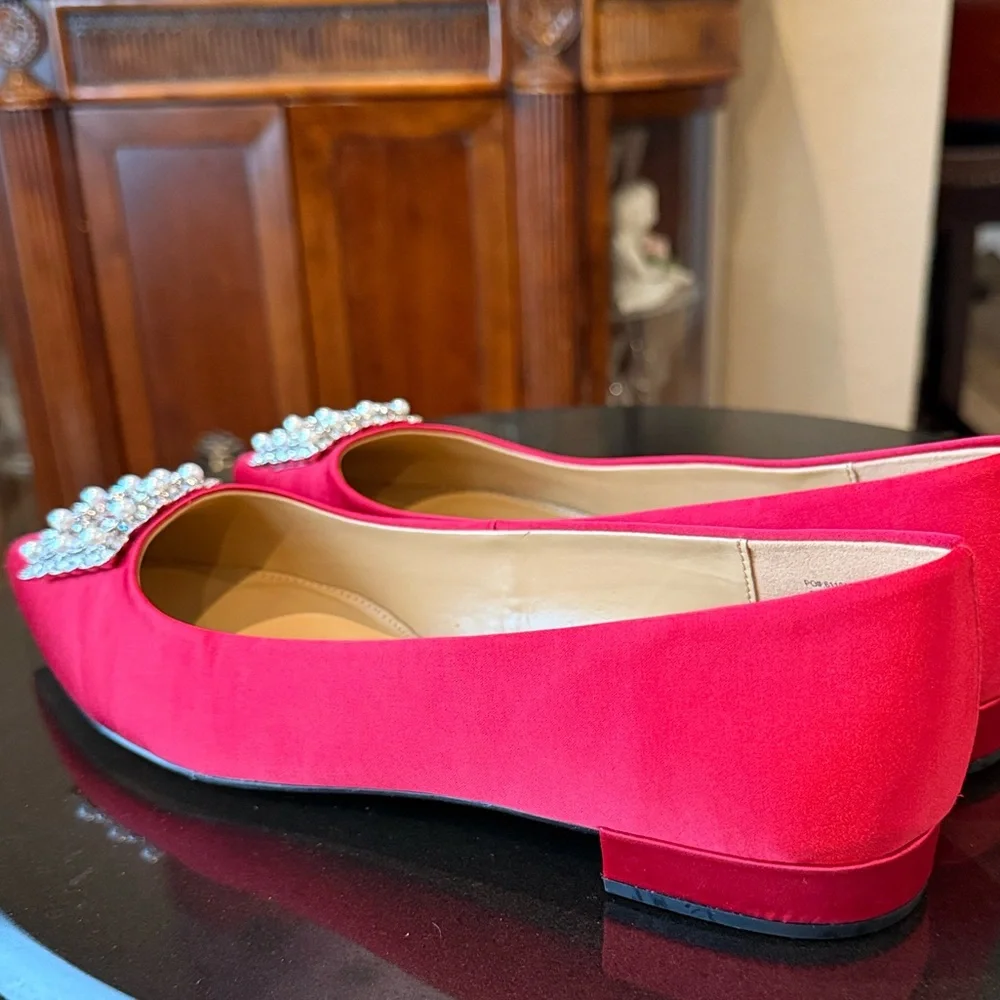 J.Crew Women’s BU507 Red Satin Pointed Toe Jeweled Buckle Evening Flats 10 NEW